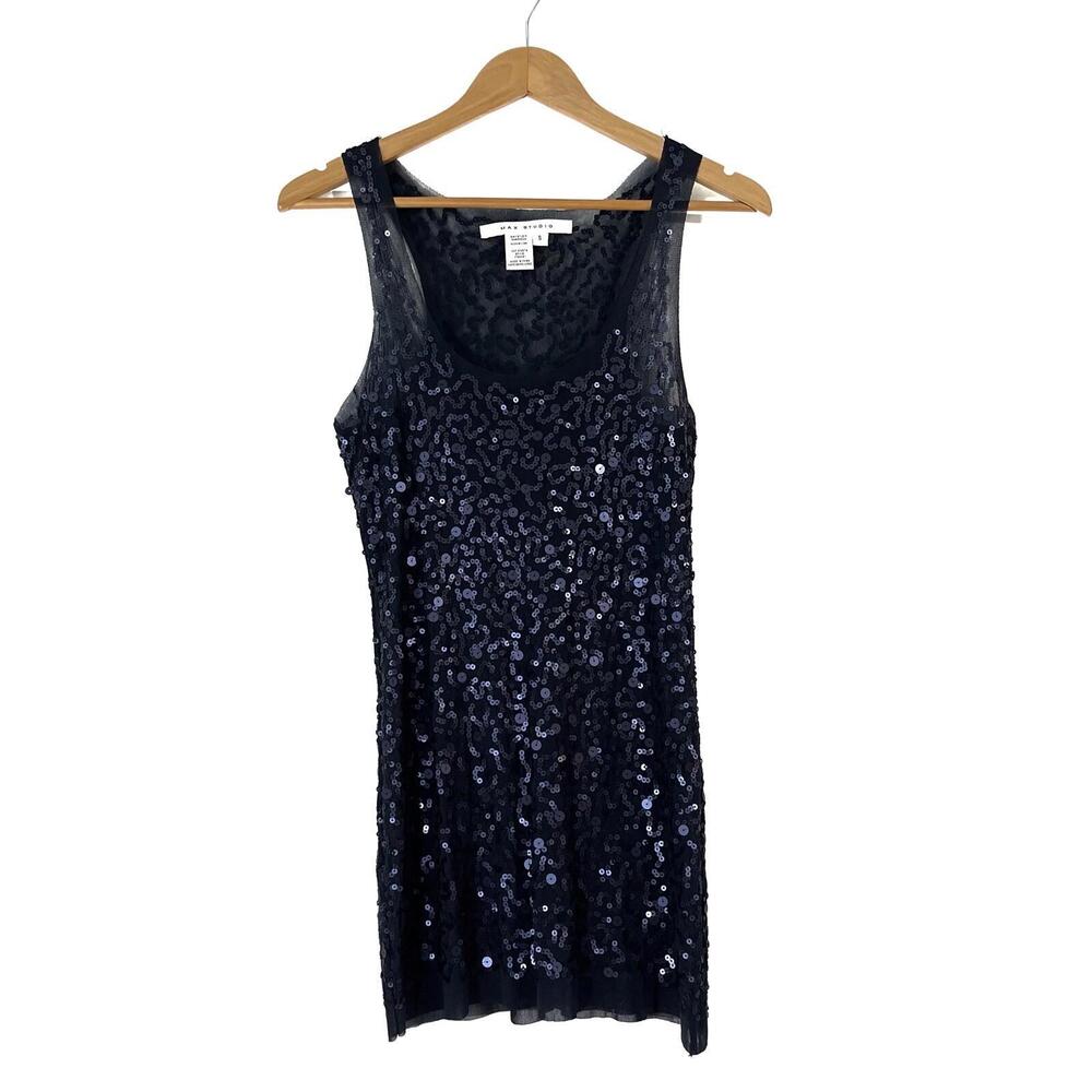 Max Studio Women’s Size Small Dark Blue Sequin Mesh Sleeveless Tunic Tank Top - Picture 1 of 9
